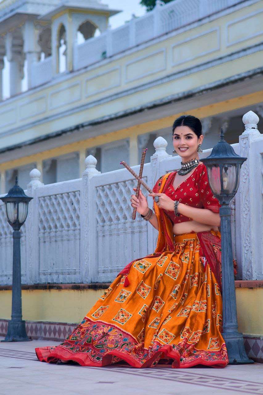 Orange Tussar Silk Lehenga Choli with Red Blouse | Bandhani Peacock & Foil Print | Wedding & Festive Wear - Image 2